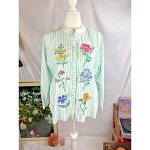 Bob Mackie Womans Blouse Sz L Striped Embroidered Flowers Button Up Cottagecore